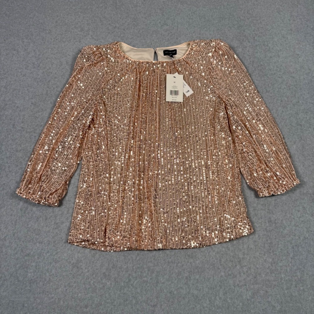 The Limited Rose Gold Tonal Tan Sequin Blouse 3/4 Sleeve Party Disco Medium NEW